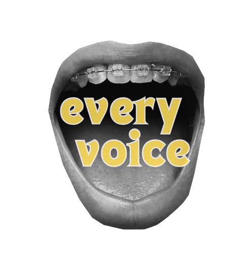 Every voice logo, an open mouth with Every Voice in yellow font in the centre.